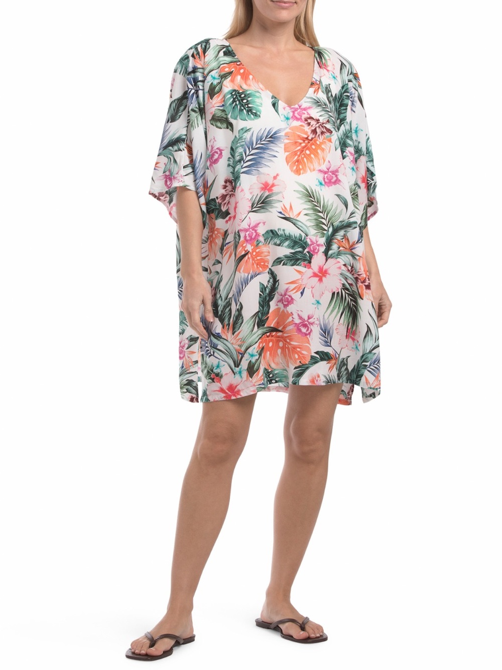 Jantzen White Tropical Floral Swim Coverup with Orange & Green Leaves
